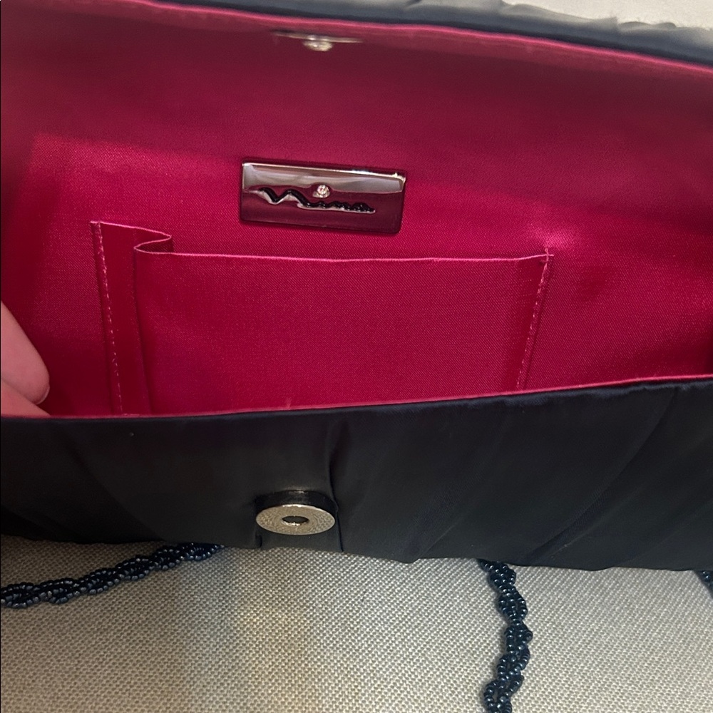 Nina Blue Satin Clutch with Chain Strap - Picture 3 of 5
